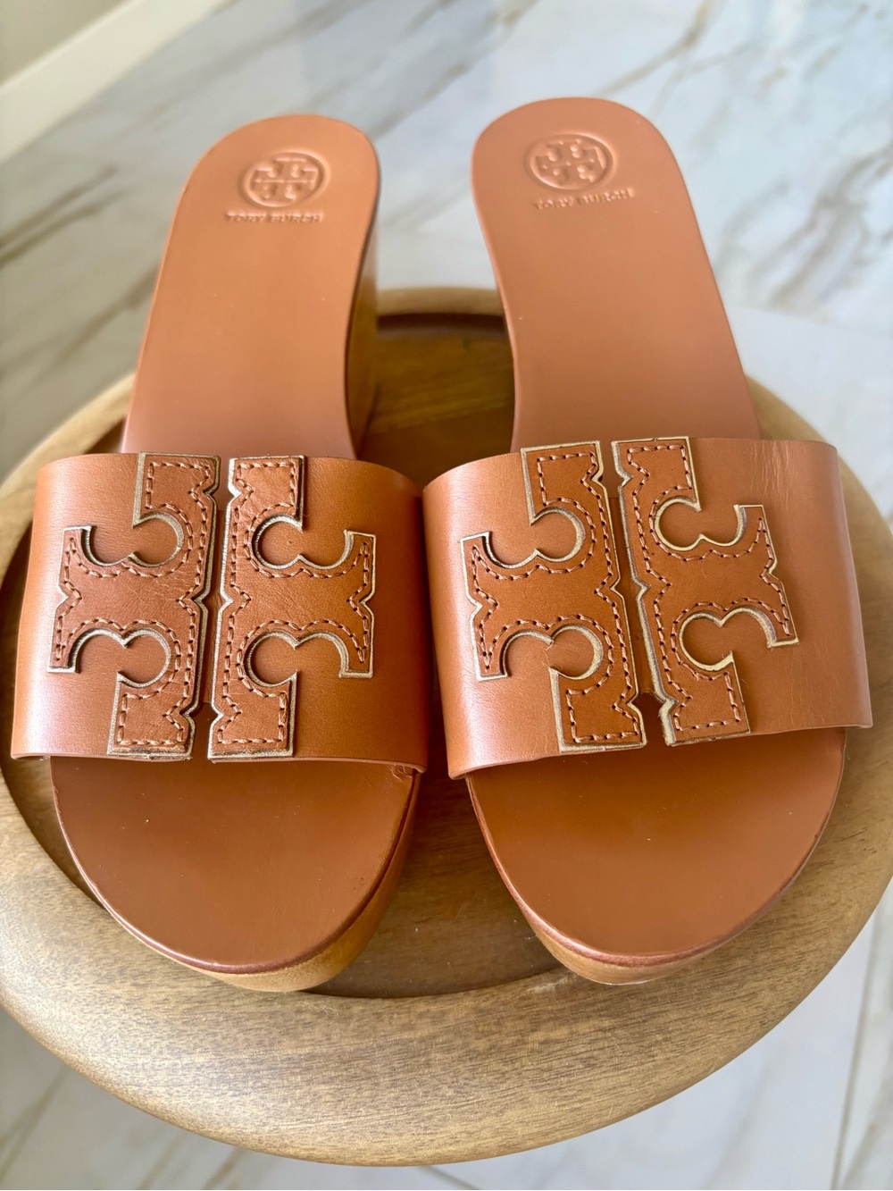GORG Tory Burch Ines Cognac Brown Leather platform Logo Slide Mules Shoes 7.5 M
